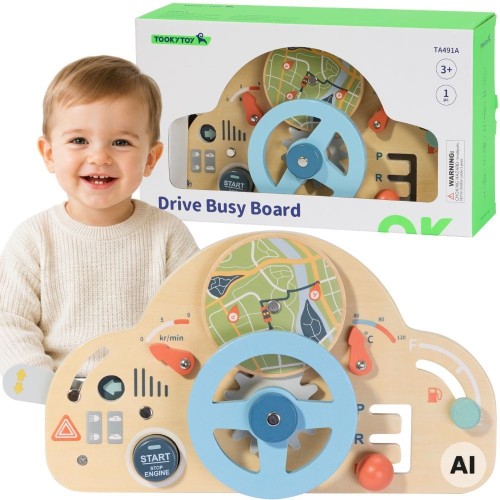 Drewniana kierownica edukacyjna TOOKY TOY z kolorowymi ruchomymi elementami dla dzieci od 3 lat