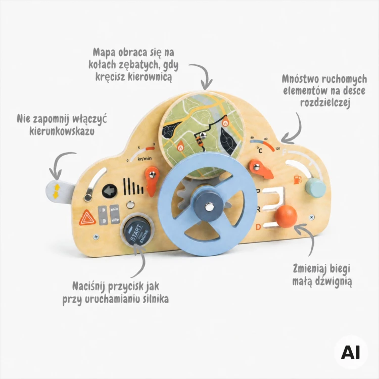 Kolorowe elementy drewnianej kierownicy edukacyjnej TOOKY TOY w zbliżeniu