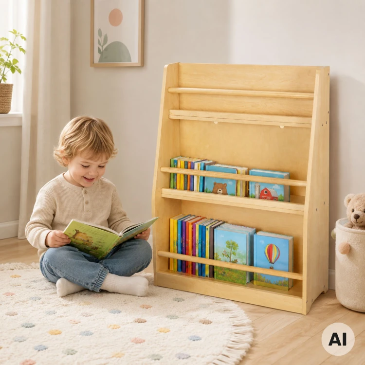 TOOKY TOY regał na książki 58 x 18 x 80 cm ustawiony w pokoju dziecięcym obok zabawek