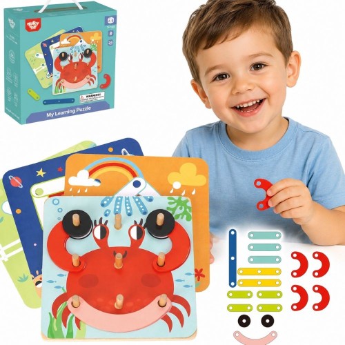 Drewniana układanka mozaika i przewlekanka TOOKY TOY z kolorowymi elementami na podstawie