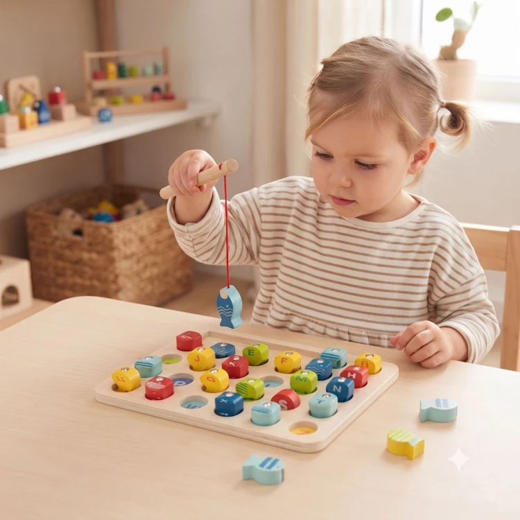 Widok z bliska na kolorowe rybki z literkami w zestawie TOOKY TOY