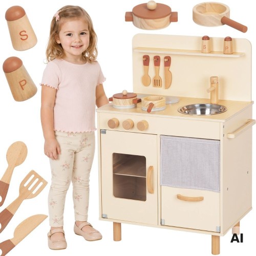 TOOKY TOY Drewniana beżowa kuchnia z akcesoriami