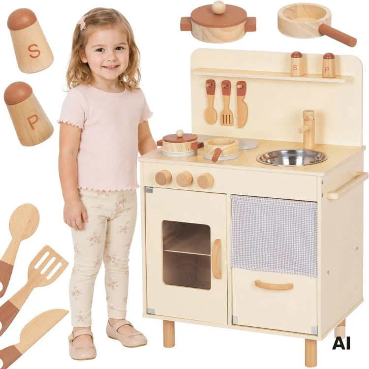 Drewniana beżowa kuchnia TOOKY TOY z akcesoriami do zabawy dla dzieci od 3 lat