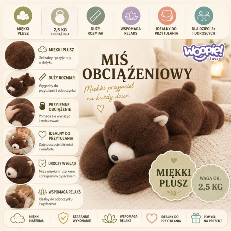 Detal powierzchni Misia Balboa — miękki, przyjemny w dotyku materiał zapewniający przyjemne otulenie i komfort przy przytulaniu
