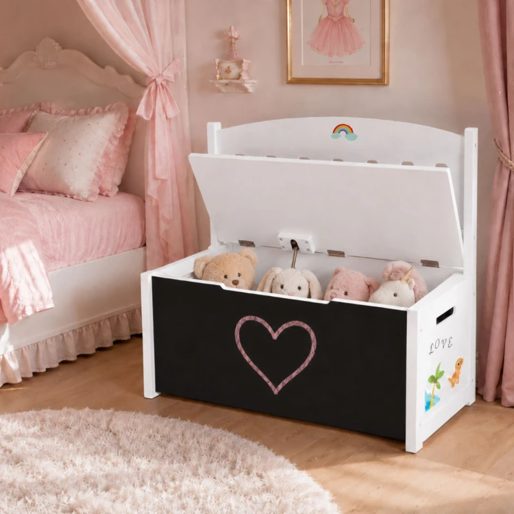 Skrzynia TOOKY TOY z otwartą pokrywą, widok na pojemnik na zabawki i tablicę do rysowania
