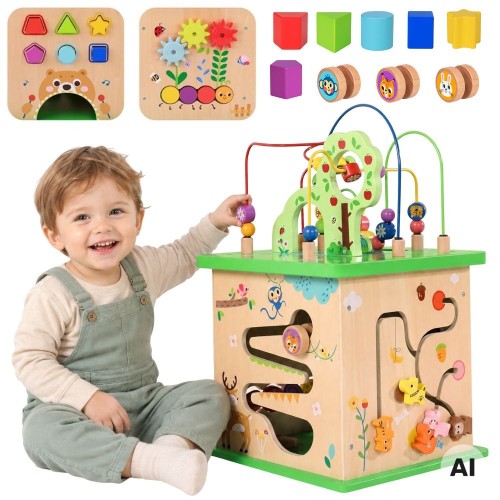 Drewniana kostka edukacyjna 5w1 TOOKY TOY z kolorową przeplatanką i motywem leśnych zwierzątek