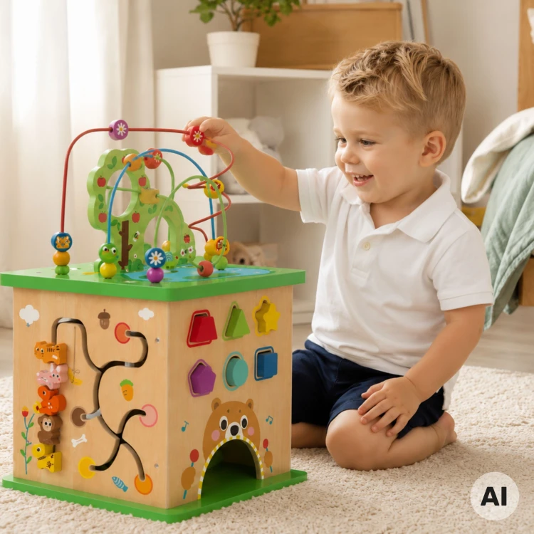 Zbliżenie na kolorowe koraliki przeplatanki na górze kostki edukacyjnej TOOKY TOY
