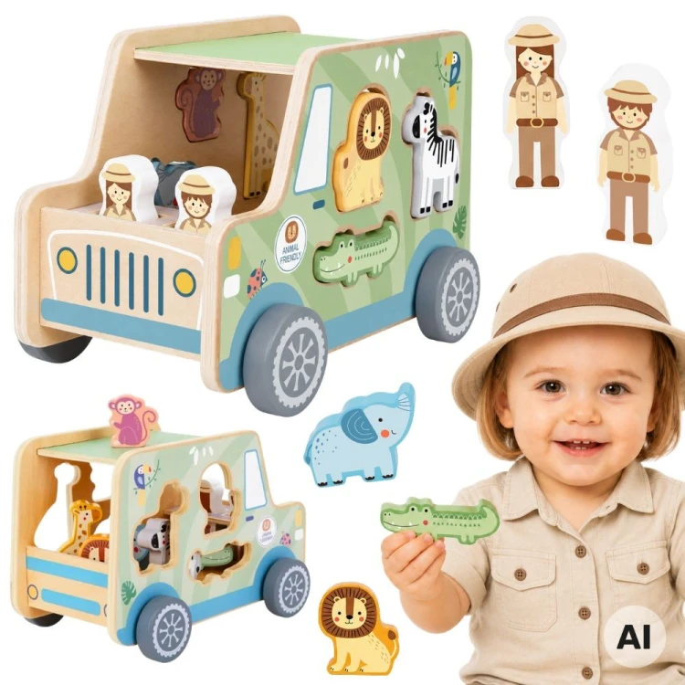 Drewniany samochód safari TOOKY TOY z kolorowymi figurkami zwierząt i odkrywcą w zabawie edukacyjnej