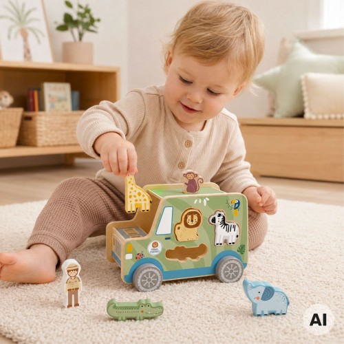 Zbliżenie na kolorowe figurki zwierząt safari oraz drewniany pojazd TOOKY TOY z otworami do układania