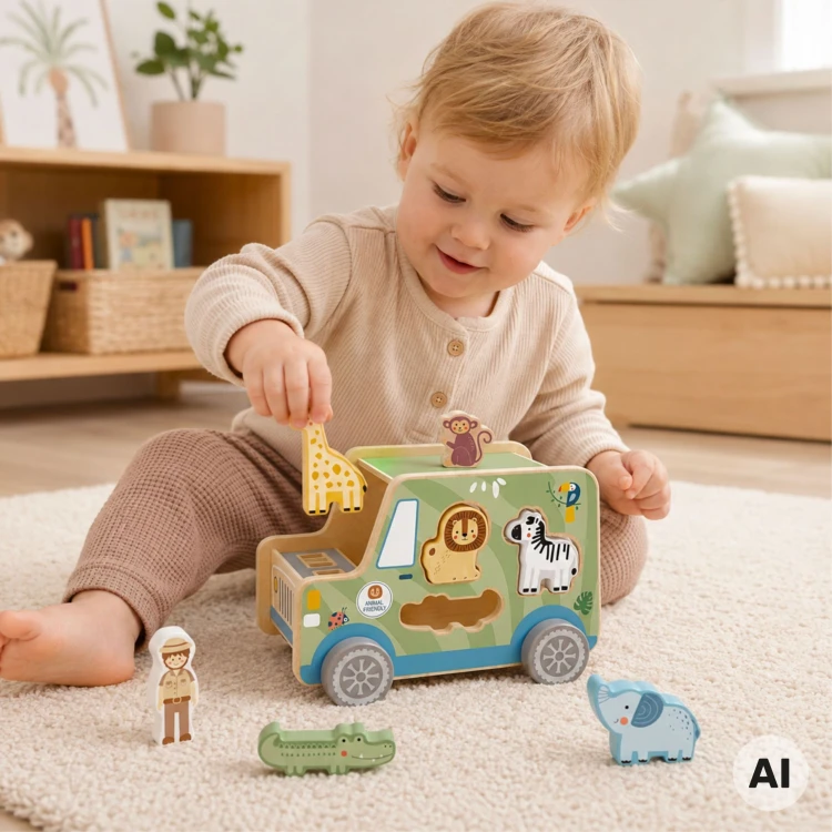 Zbliżenie na kolorowe figurki zwierząt safari oraz drewniany pojazd TOOKY TOY z otworami do układania