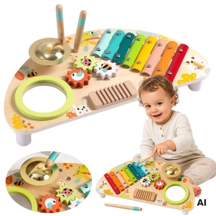 Wielofunkcyjny instrument muzyczny TOOKY TOY wykonany z drewna z kolorowymi elementami i pałeczkami
