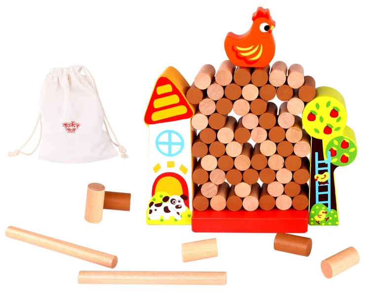Drewniana gra zręcznościowa Farma Spadająca Kura TOOKY TOY z kolorowymi elementami i figurką kury