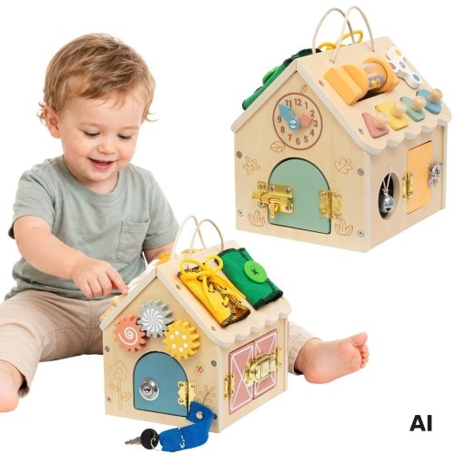 Drewniany domek manipulacyjny TOOKY TOY z kolorowymi kołami zębatymi i zamkami do zabawy manualnej