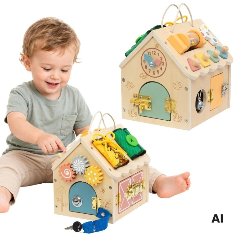 Drewniany domek manipulacyjny TOOKY TOY z kolorowymi kołami zębatymi i zamkami do zabawy manualnej