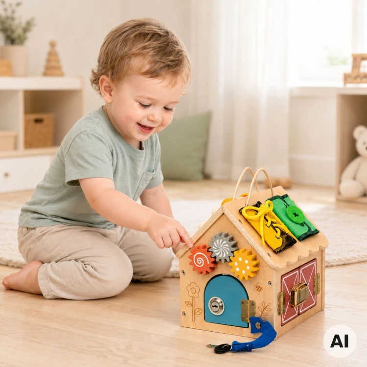 Domek manipulacyjny TOOKY TOY z materiałowymi panelami do nauki sznurowania i zapinania guzika