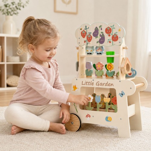 Mobilny drewniany wózek sklepik TOOKY TOY z kolorowymi akcesoriami ogrodniczymi i warzywami