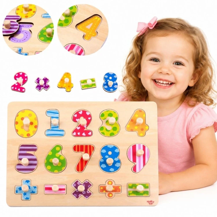 Drewniane puzzle z cyframi i znakami matematycznymi TOOKY TOY, idealne do nauki liczenia