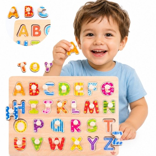 Drewniane puzzle alfabet TOOKY TOY z uchwytami na kolorowej tablicy do nauki liter