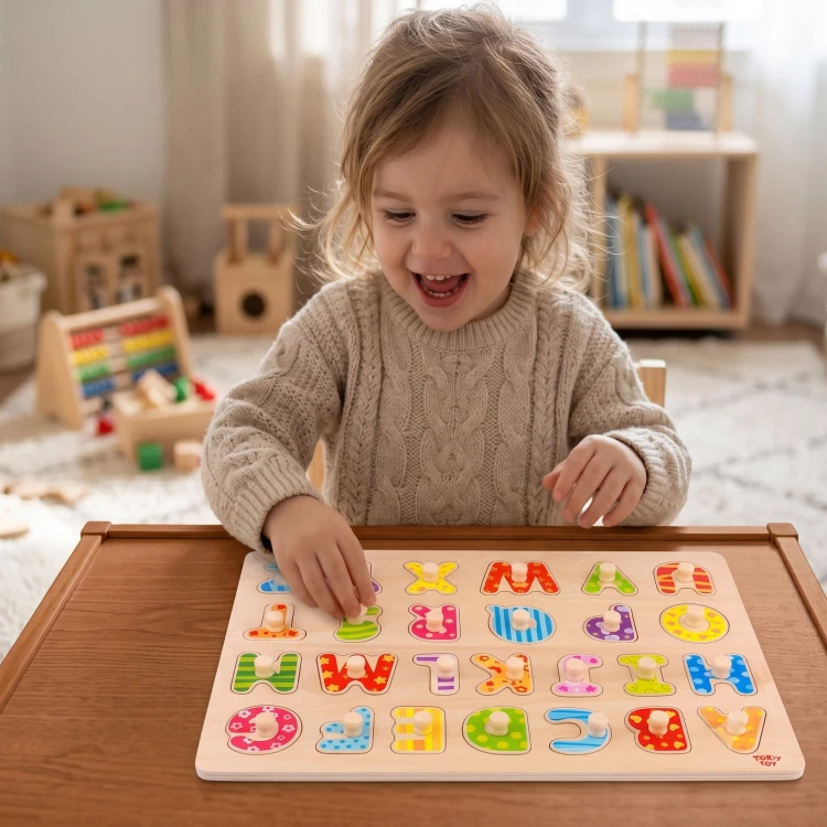 Kolorowe drewniane litery alfabetu TOOKY TOY z uchwytami gotowe do układania
