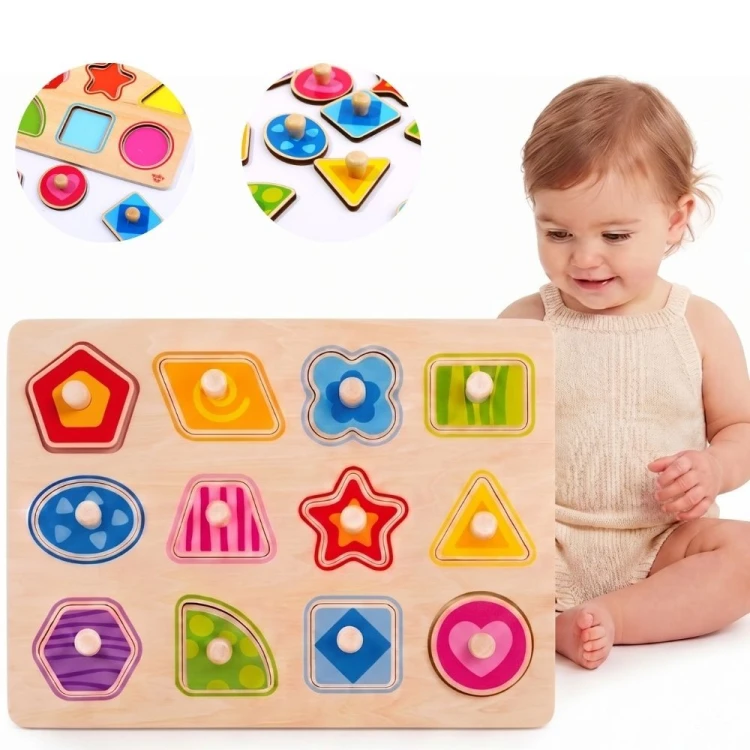 Drewniana układanka Montessori TOOKY TOY z kolorowymi klockami i pinezkami do chwytania