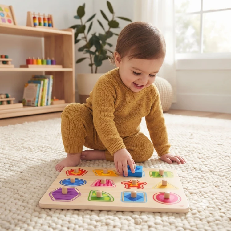 Zbliżenie na kolorowe drewniane klocki z pinezkami do układanki TOOKY TOY