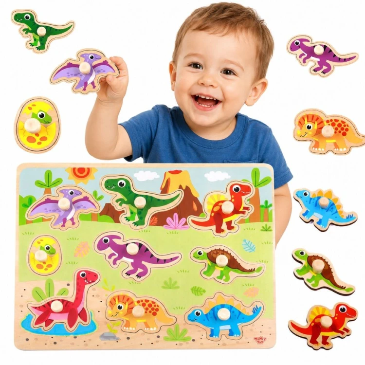 Drewniane puzzle Montessori TOOKY TOY z kolorowym motywem dinozaurów i wygodnymi uchwytami dla dzieci