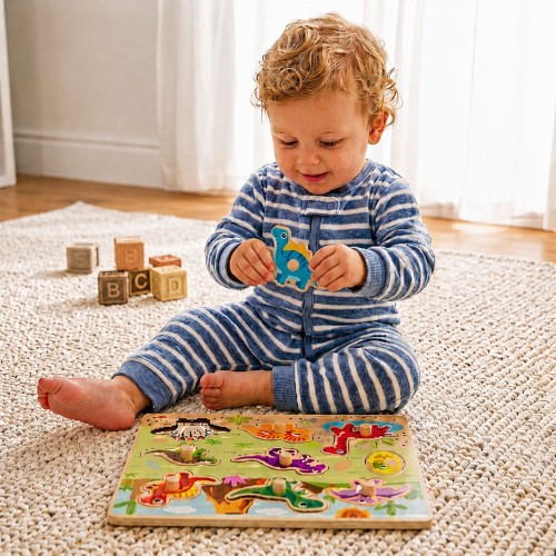 Zestaw drewnianych puzzli TOOKY TOY z planszą i elementami w kształcie dinozaurów oraz jajka z uchwytami