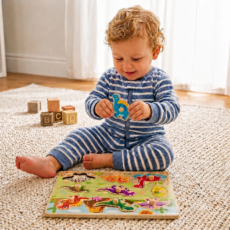 Zestaw drewnianych puzzli TOOKY TOY z planszą i elementami w kształcie dinozaurów oraz jajka z uchwytami