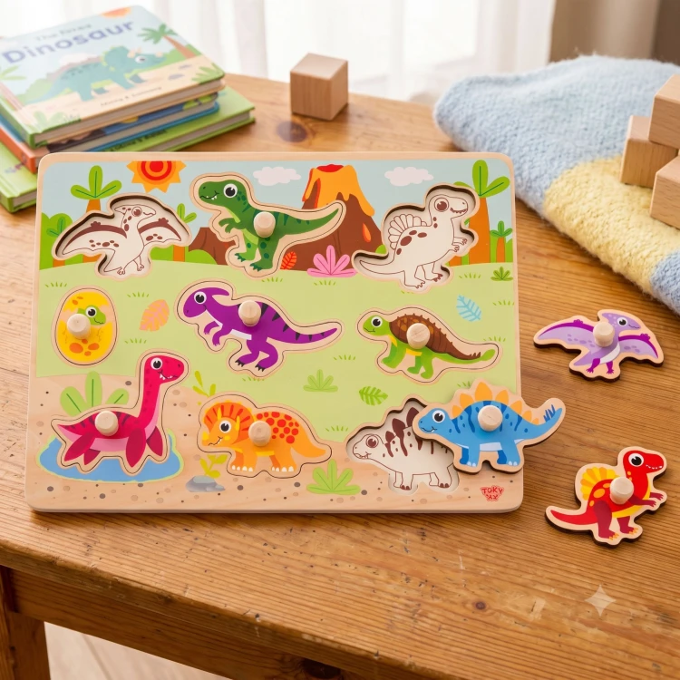 Zbliżenie na drewniane uchwyty elementów układanki TOOKY TOY z motywem dinozaurów