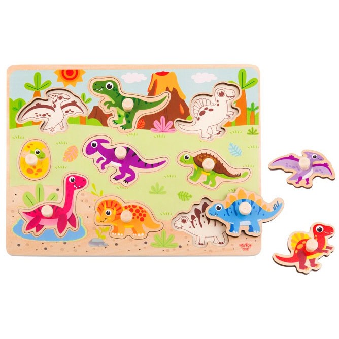 Elementy drewnianej układanki Montessori TOOKY TOY przedstawiające różne gatunki dinozaurów