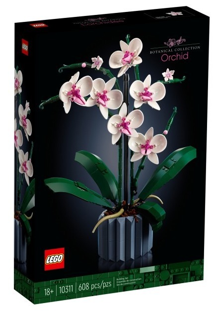 Dekoracyjny model orchidei LEGO Botanicals 10311 w niebieskiej żłobkowanej doniczce