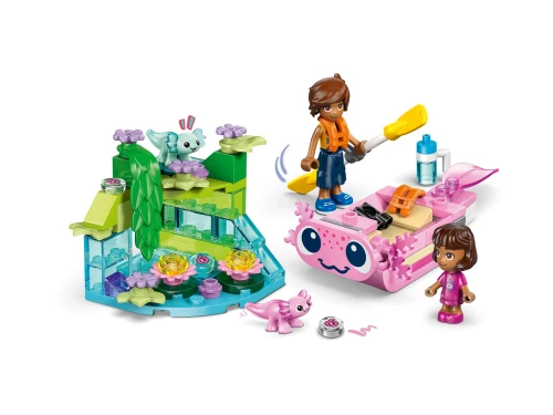 Zbliżenie na szczegóły zestawu LEGO Friends Przygoda na aksolotlowej łodzi 42681 z łodzią aksolotla i figurkami