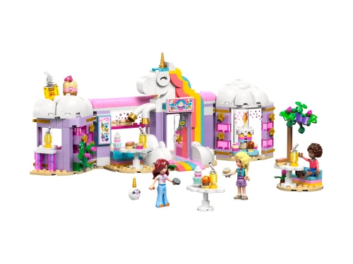LEGO Friends Jednorożcowa Kawiarnia 42684 – widok na bar z sokami i obrotową paterę na babeczki