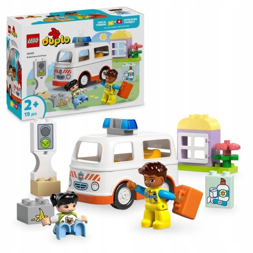 Widok na figurki ratownika i dziewczynki oraz karetki LEGO Duplo Town 10447
