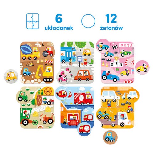Szczegóły kolorowych puzzli CzuCzu Puzzle Pojazdy małe i duże z pojazdami