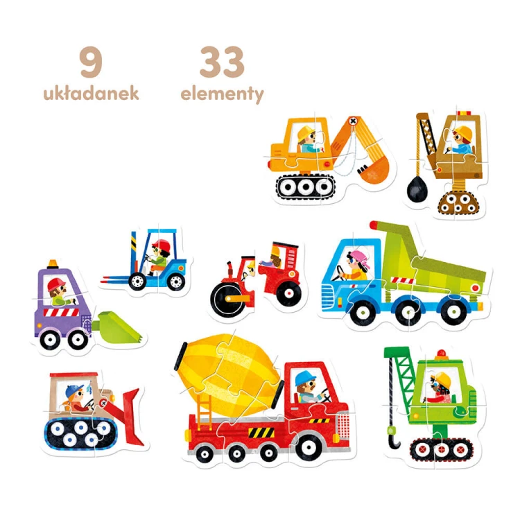 Zbliżenie na elementy puzzli progresywnych Pojazdy na budowie CZUCZU z kolorowymi rewersami