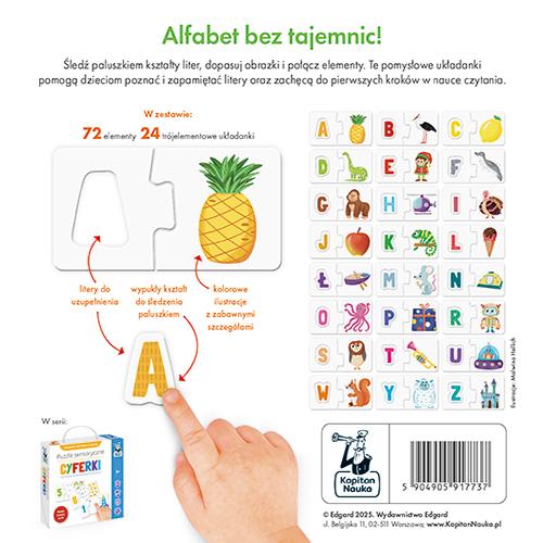 Szczegółowe elementy puzzli sensorycznych Literki Kapitan Nauka – ilustracje i litery