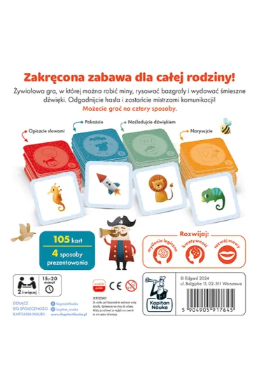 Zestaw 105 kart do gry Kalambury Kapitan Nauka z ilustracjami Anny Kleszczewskiej