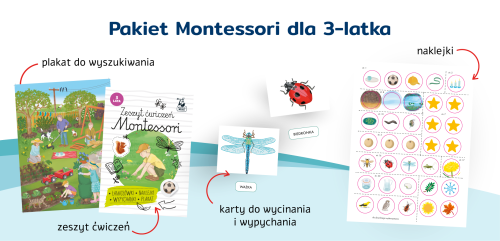 Zeszyt ćwiczeń i plakat z wyszukiwanką w teczce Montessori Kapitan Nauka 3 lata