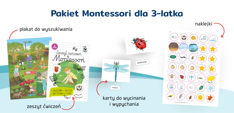 Zeszyt ćwiczeń i plakat z wyszukiwanką w teczce Montessori Kapitan Nauka 3 lata