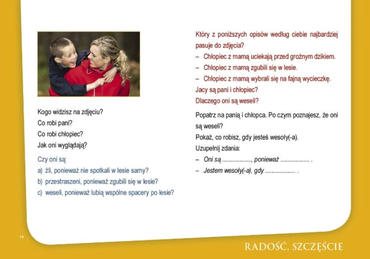 Widok przykładowej strony z fotografią emocji i pytaniami do analizy w publikacji Harmonia