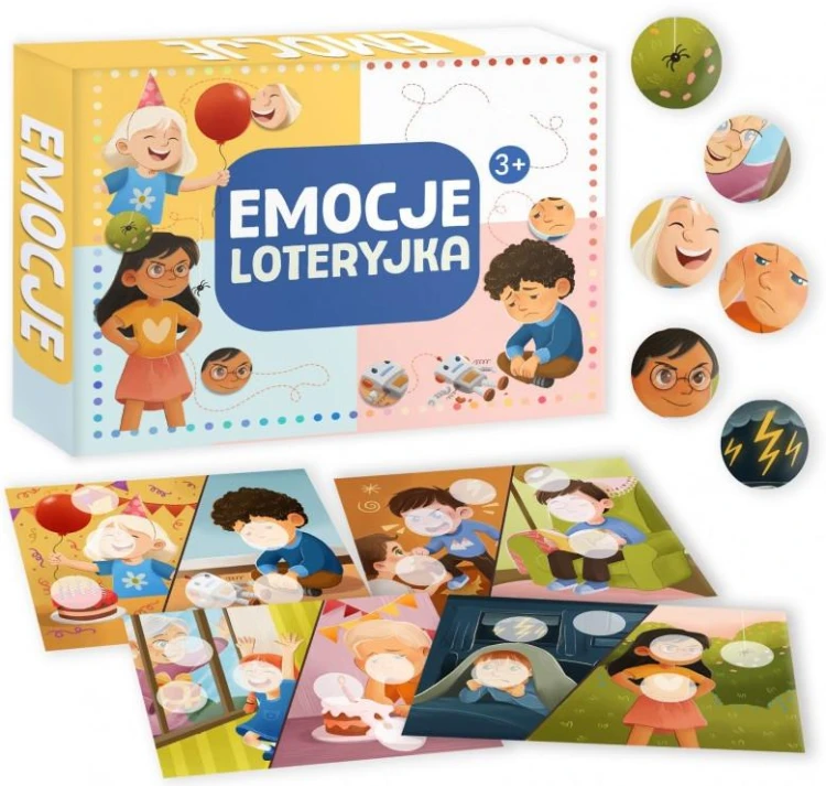 Komplet 4 plansz i 24 żetonów w grze edukacyjnej Kangur Loteryjka Emocje