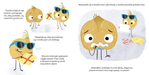 Kolorowa ilustracja z książki Fajny Cieciorek i prezent wszech czasów przedstawiająca bohatera i emocje