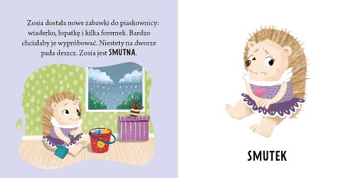 Kolorowe ilustracje z książeczki Zosia odkrywa emocje przedstawiające bohaterkę Zosię i jej emocje