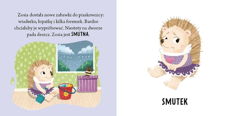Kolorowe ilustracje z książeczki Zosia odkrywa emocje przedstawiające bohaterkę Zosię i jej emocje