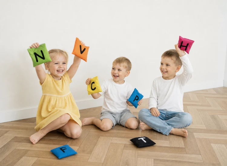 Woreczki gimnastyczne z alfabetem angielskim Akson w trakcie zabawy edukacyjnej z dziećmi