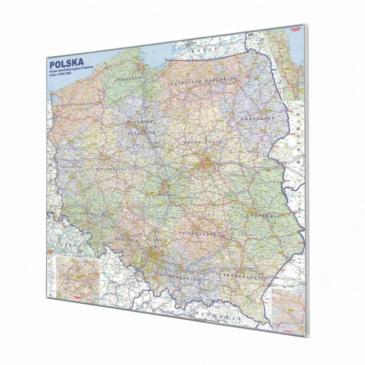Mapa magnetyczna Polski administracyjno-drogowa 120x110 cm z ramą aluminiową KARTA