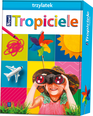Okładka zestawu edukacyjnego Tropiciele Box Trzylatek od WSIP PODRĘCZNIKI z książką i maskotką
