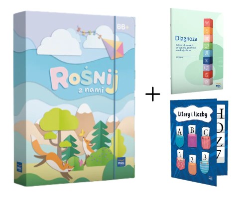 Pakiet edukacyjny Rośnij z nami poziom B i B+ z arkuszem obserwacji gotowości szkolnej i klasrem liter i liczb wydawnictwa MAC PODRĘCZNIKI