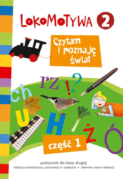 Okładka podręcznika Lokomotywa 2 czytam i poznaję świat część 1 z ilustracjami i planszami edukacyjnymi